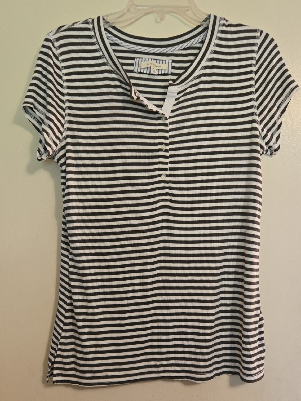 Anthropologie Pure + Good Olive Green and White Striped Short Sleeve Henley Top